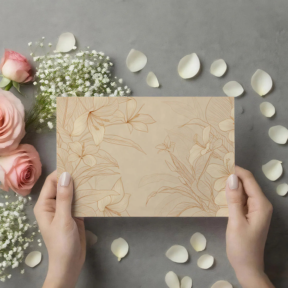 Golden Botanical Line Art Mural Wallpaper — Minimalist Floral Mural Wallpaper - room preview 02