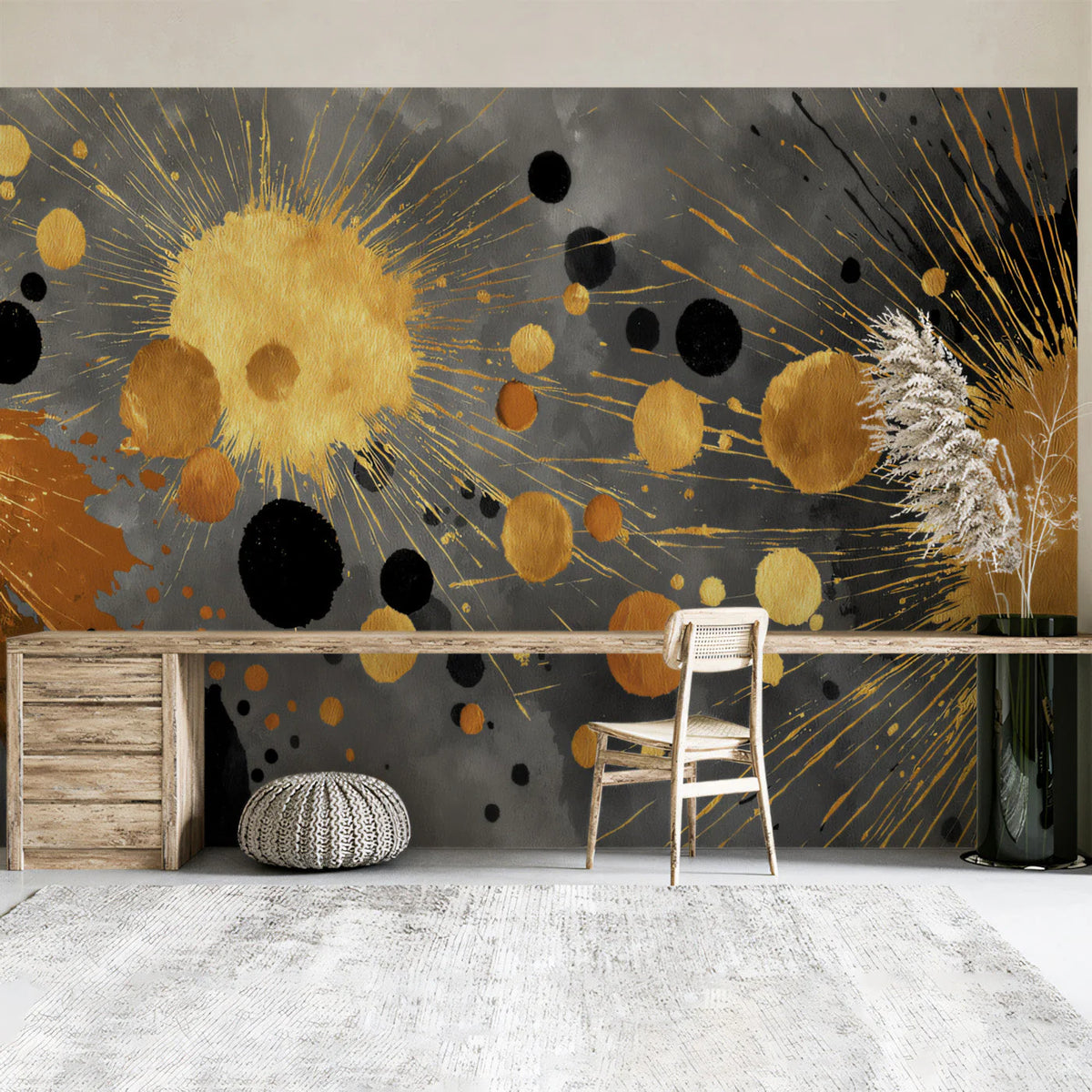 Gilded Ink Splatter Mural Wallpaper — Abstract Artistic Design Mural Wallpaper - room preview 02