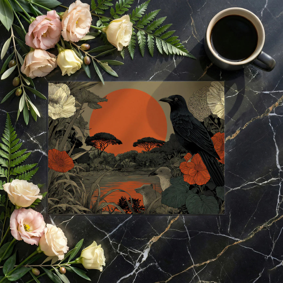 Sunlit Crow and Botanical Garden Mural Wallpaper - room preview 02