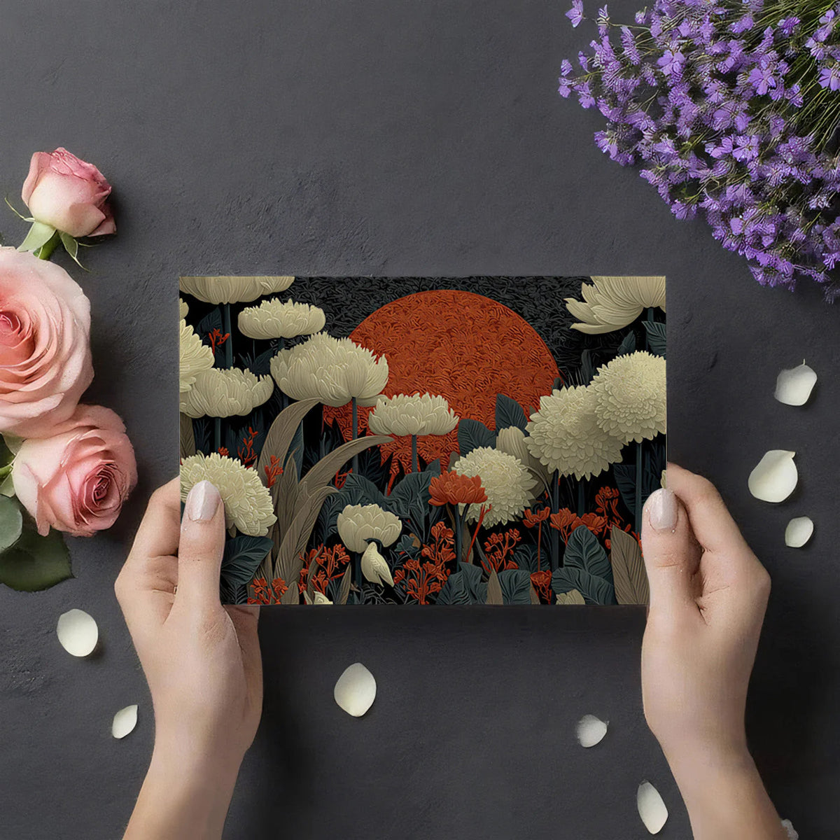 Cinnabar Moon Botanical Mural Wallpaper in Cream and Charcoal Mural Wallpaper - room preview 02