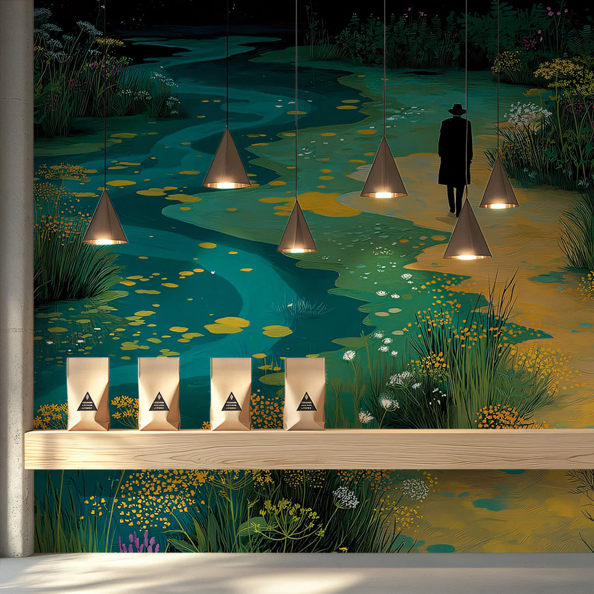 Lone Traveler Meadow Mural Wallpaper — Artistic Landscape Mural Wallpaper - room preview 02