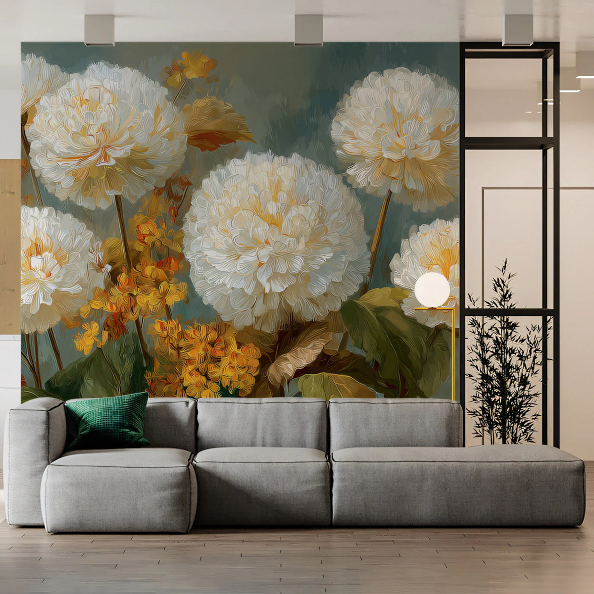Golden Chrysanthemum Floral Mural Wallpaper - room preview 02
