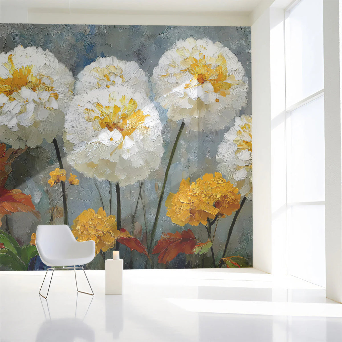 White Pom-Pom Dahlia Mural Wallpaper — Botanical Impressionist Art Mural Wallpaper - room preview 02