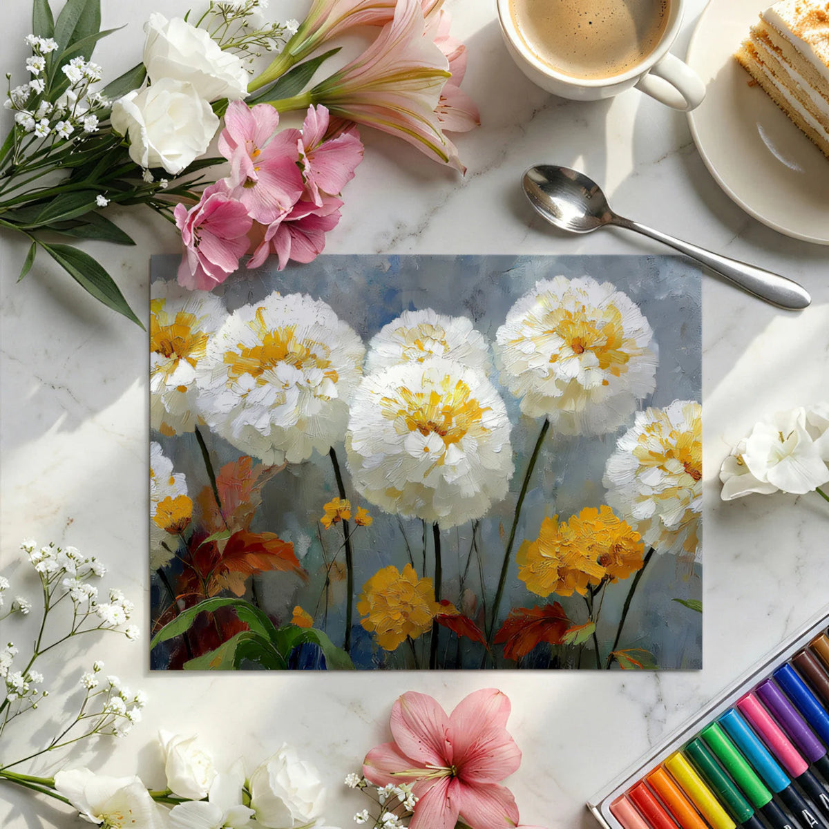 Impressionistic Marigold Bloom Mural Wallpaper in Yellow and Grey Mural Wallpaper - room preview 02