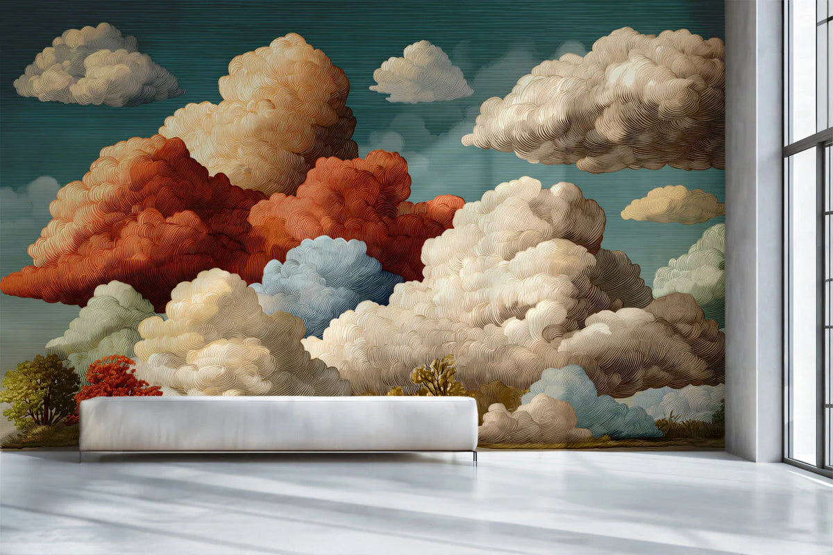 Vintage Sky Cloudscape Mural Wallpaper — Artistic Etching Style Mural Wallpaper - room preview 02