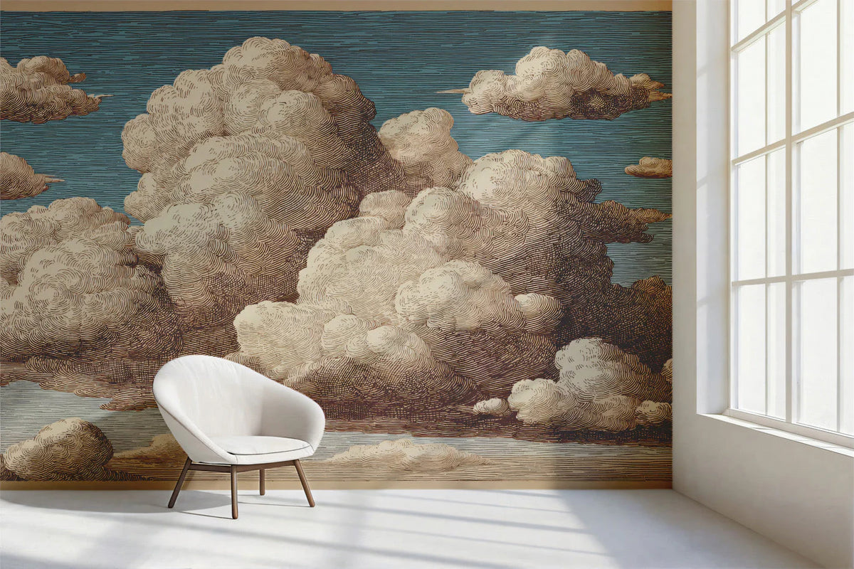 Etched Cloudscape Mural Wallpaper — Vintage Sky Illustration Mural Wallpaper - room preview 02