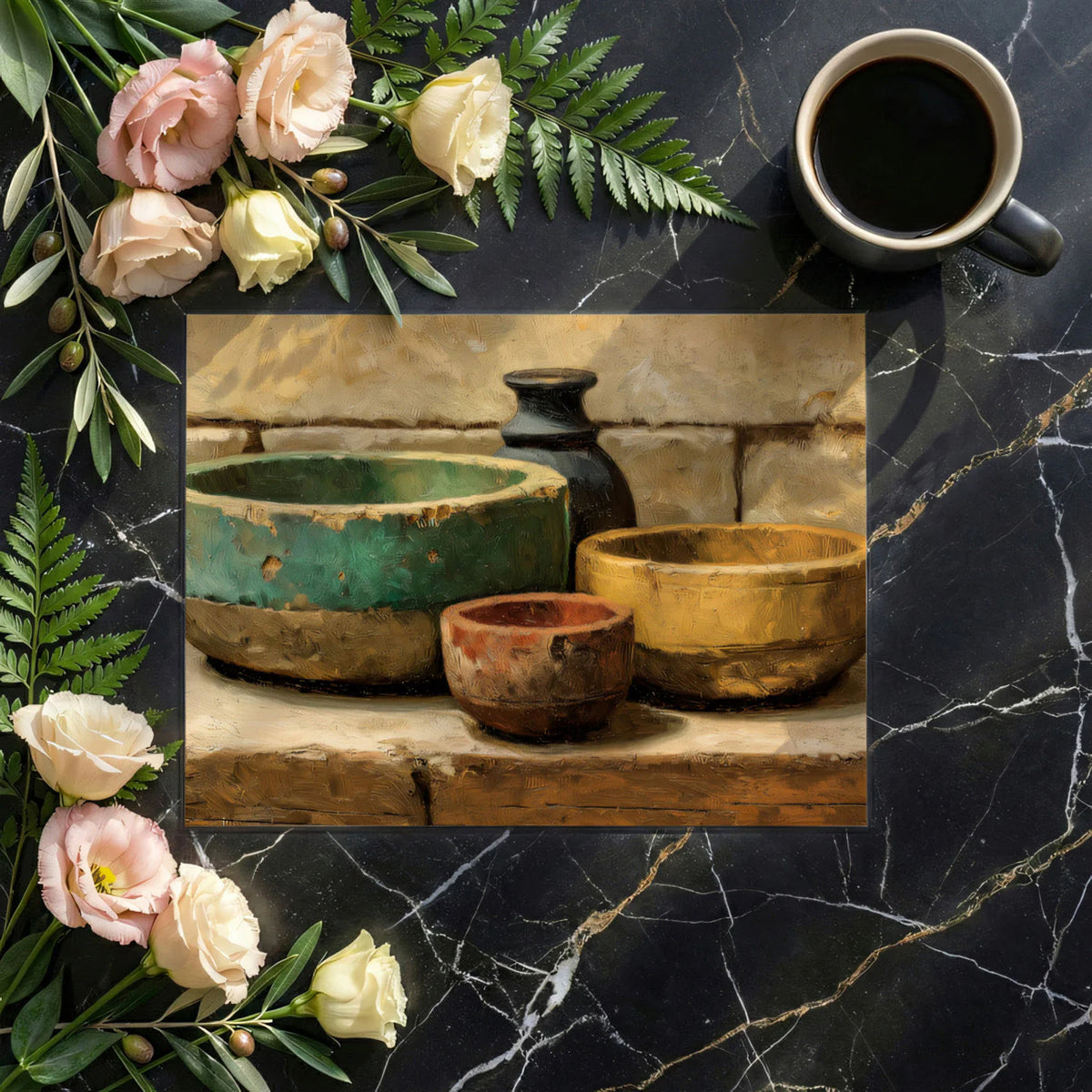 Rustic Ceramic Still Life Mural Wallpaper — Earthy Oil Painting Mural Wallpaper - room preview 02