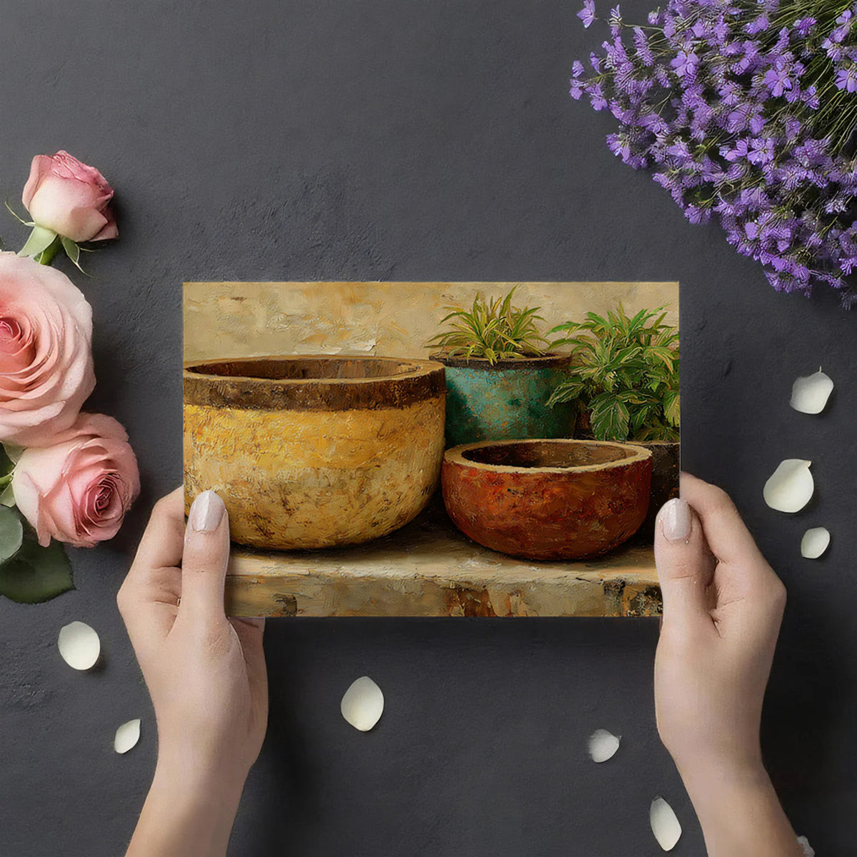 Rustic Ceramic Pot Mural Wallpaper — Oil Painting Still Life Mural Wallpaper - room preview 02