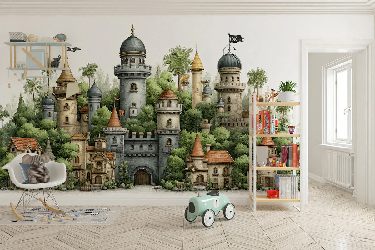 Enchanted Castle Mural Wallpaper — Whimsical Architectural Illustration Mural Wallpaper - room preview 02