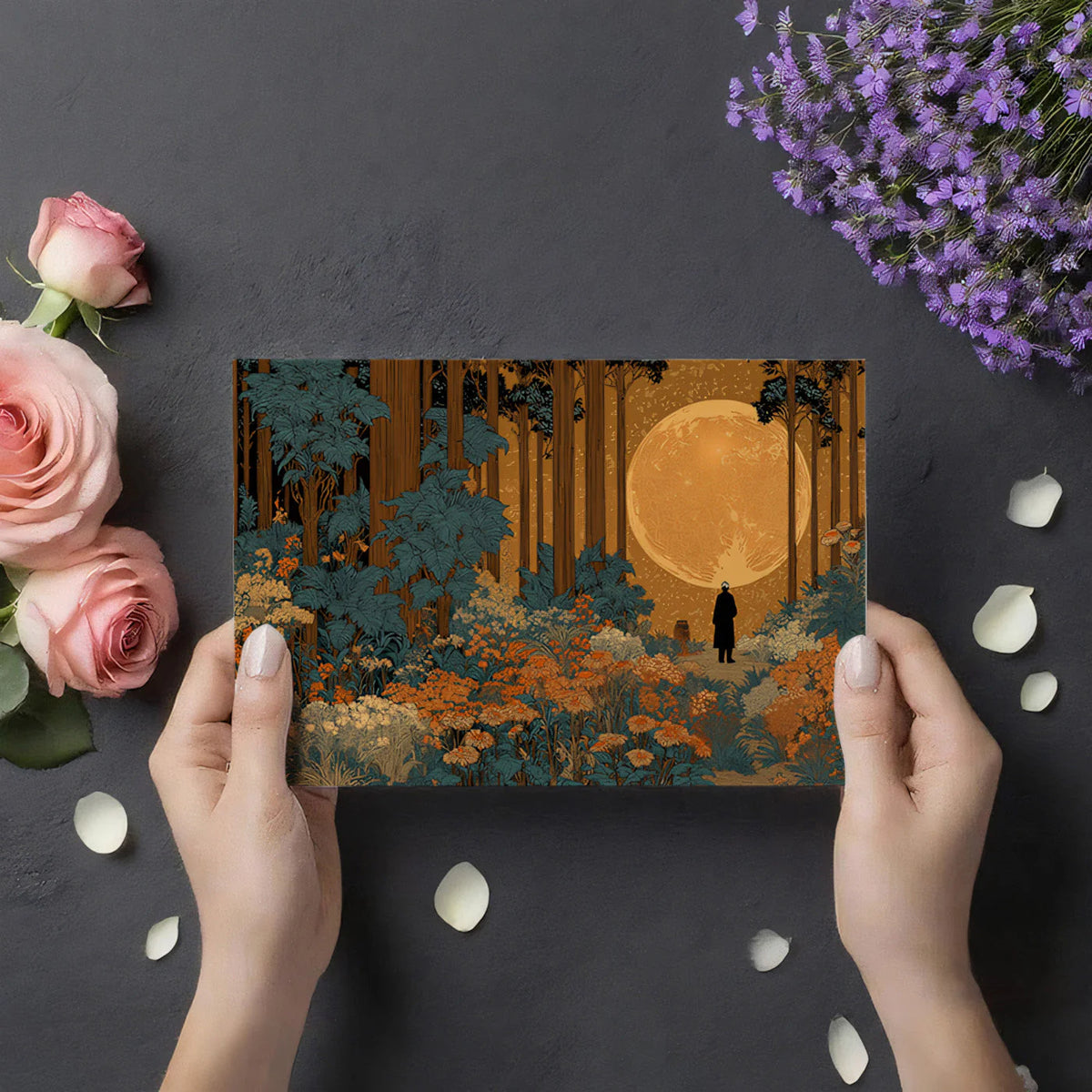 Midnight Moonlit Forest Mural Wallpaper with Botanical Detail Mural Wallpaper - room preview 02