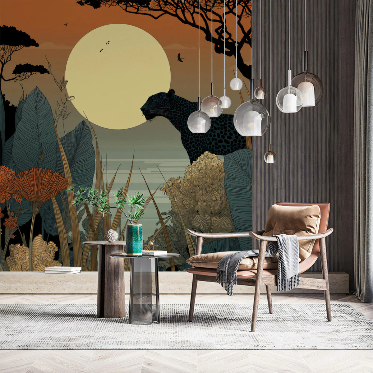 Safari Sunset Mural Wallpaper with Leopard Motif Mural Wallpaper - room preview 02