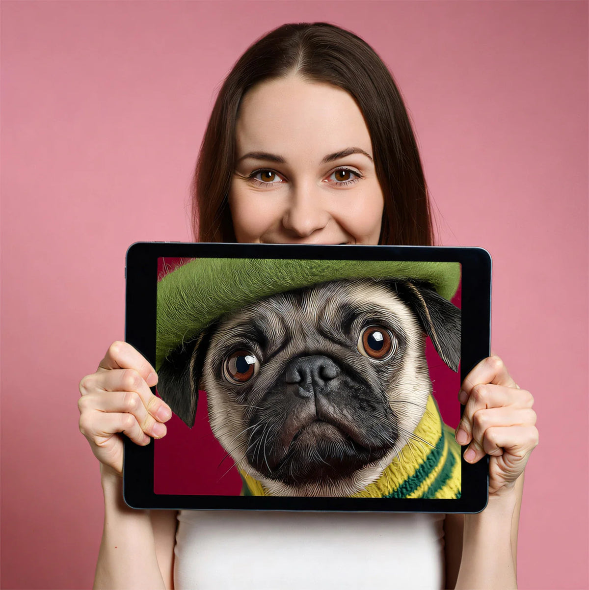 Charming Pug in Beret Mural Wallpaper — Whimsical Pet Portrait Mural Wallpaper - room preview 02