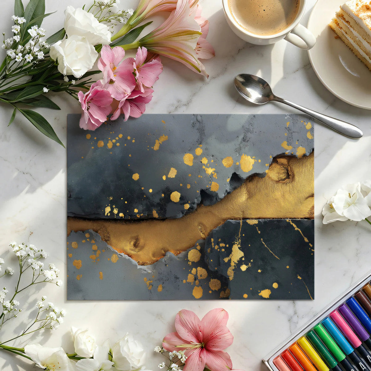 Kintsugi Concrete Mural Wallpaper — Artistic Gold and Charcoal Mural Wallpaper - room preview 02