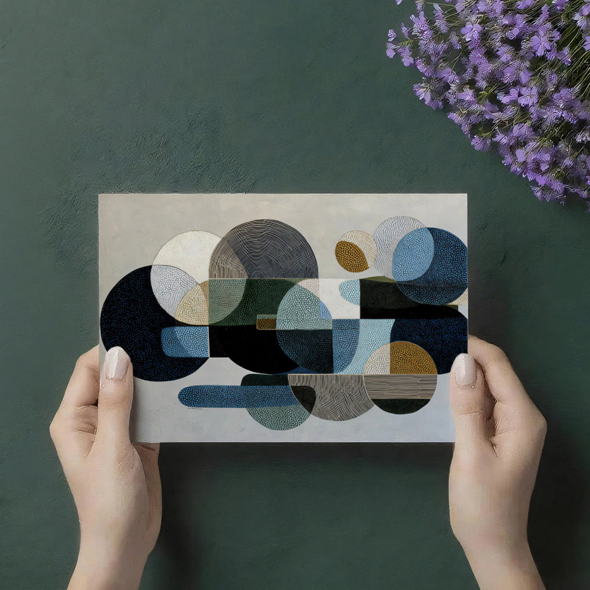Abstract Geometric Circles Mural Wallpaper in Deep Blues and Ochre Mural Wallpaper - room preview 02
