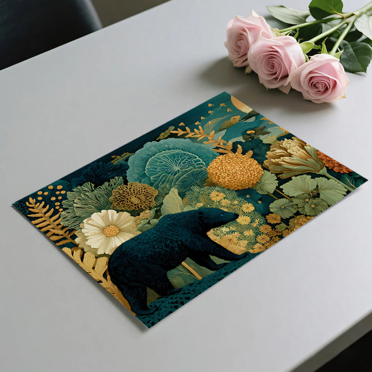 Midnight Bear and Floral Meadow Mural Wallpaper - room preview 02