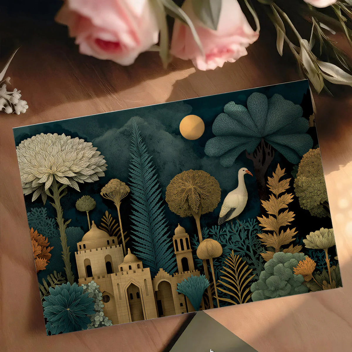 Stork and Ancient Architecture Mural Wallpaper — Nocturnal Garden Mural Wallpaper - room preview 02