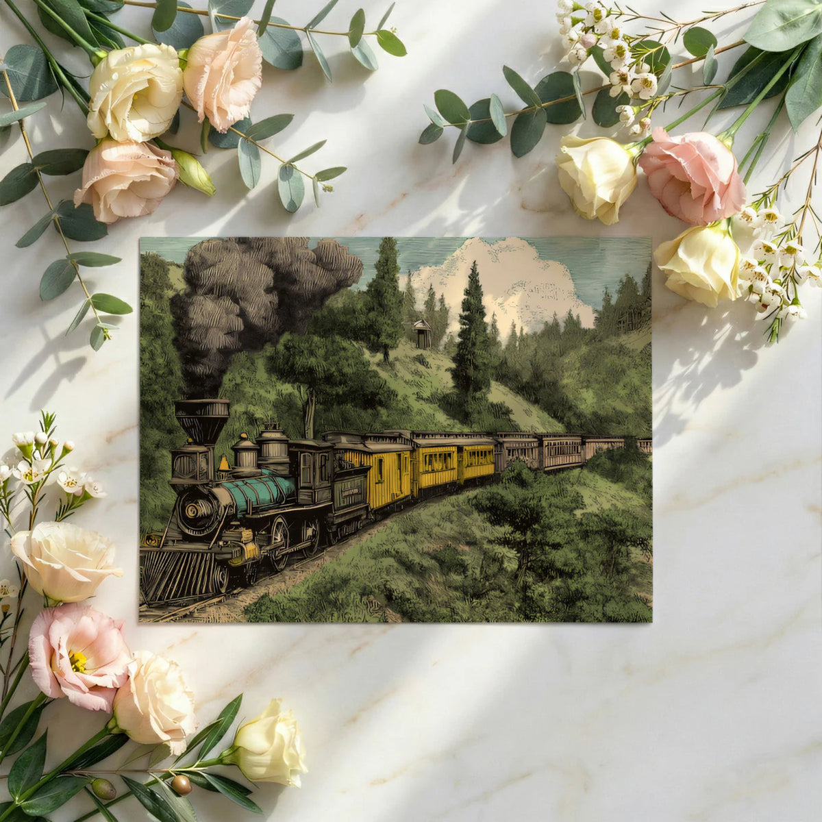 Vintage Steam Train Mountain Landscape Mural Wallpaper - room preview 02
