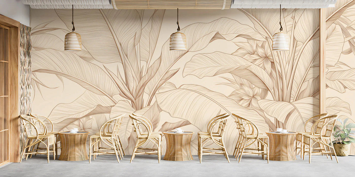 Botanical Sketch Mural Wallpaper in Warm Cream and Sepia Mural Wallpaper - room preview 02