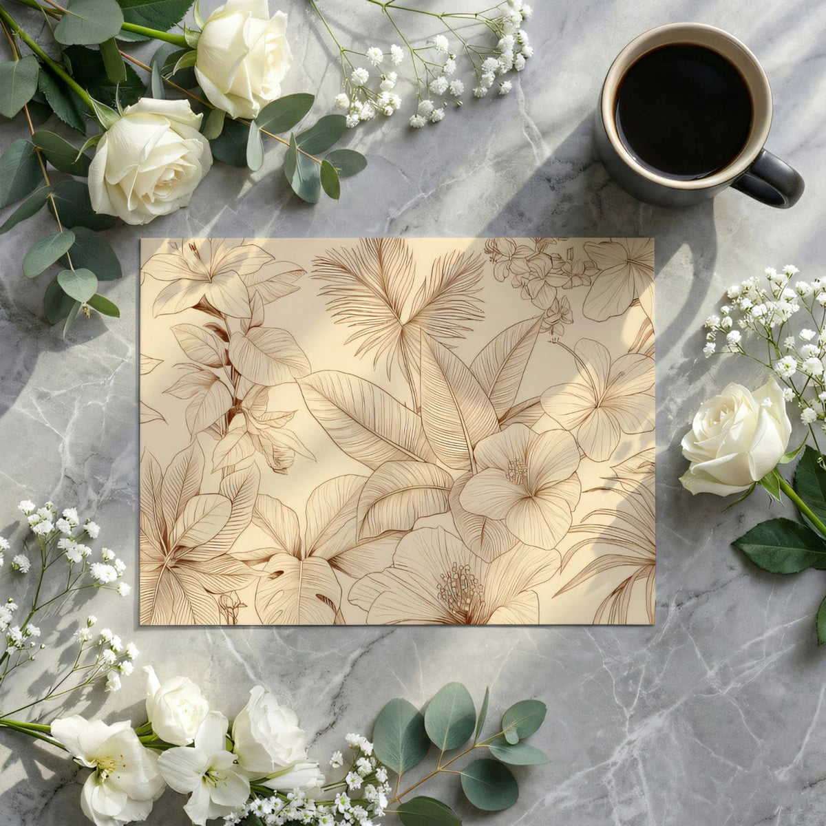 Monochrome Botanical Line Art Mural Wallpaper — Beige & Copper Mural Wallpaper - room preview 02