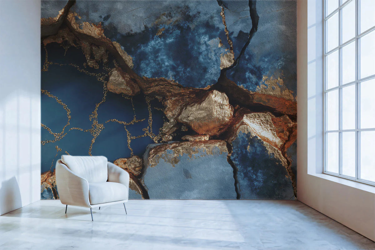 Kintsugi Stone Mural Wallpaper — Abstract Blue and Gold Luxury Mural Wallpaper - room preview 02