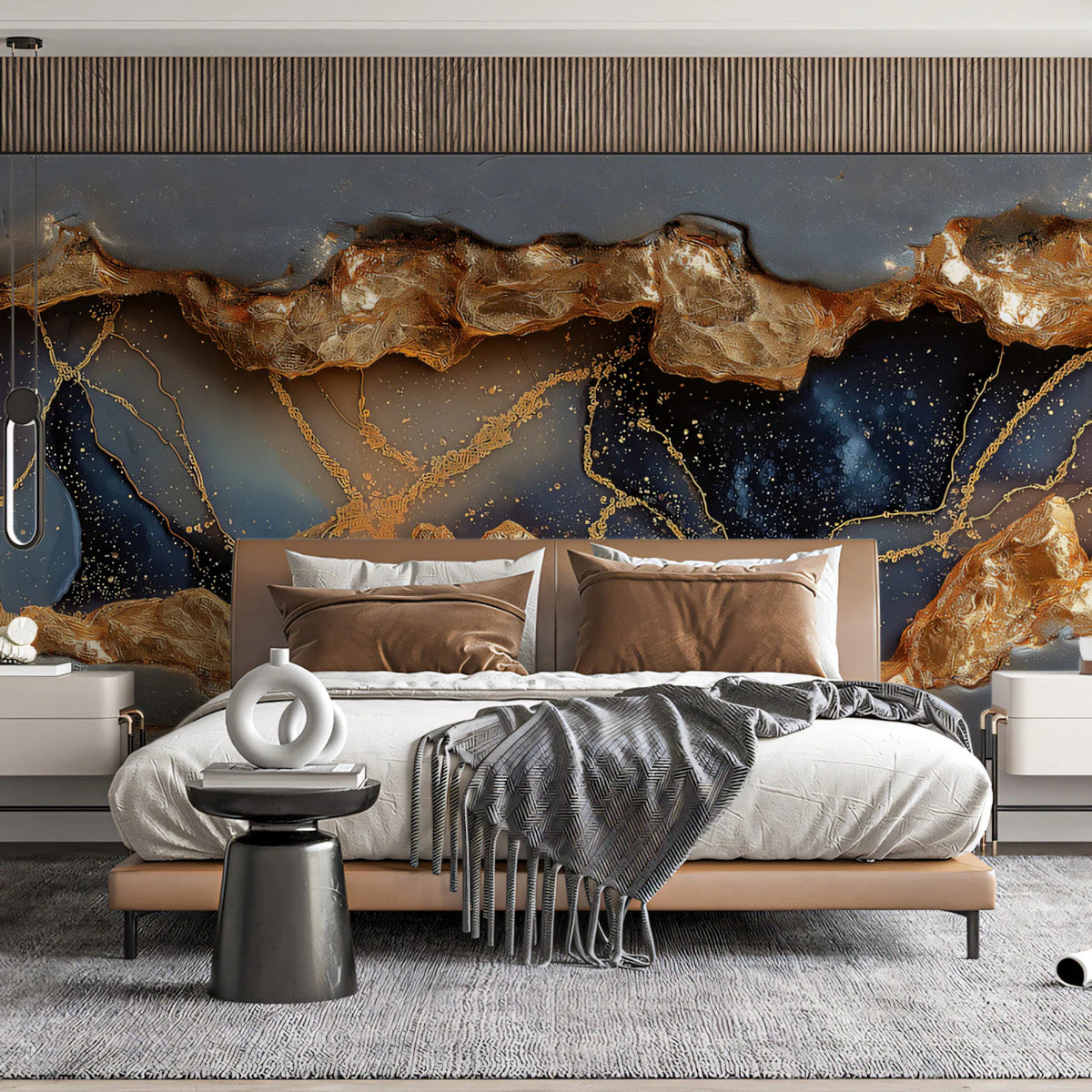 Gilded Geode Fissure Mural Wallpaper in Charcoal and Gold Mural Wallpaper - room preview 02