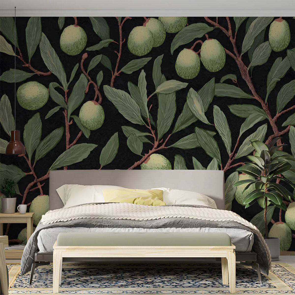 Olive Branch Botanical Mural Wallpaper — Midnight Orchard Design Mural Wallpaper - room preview 02