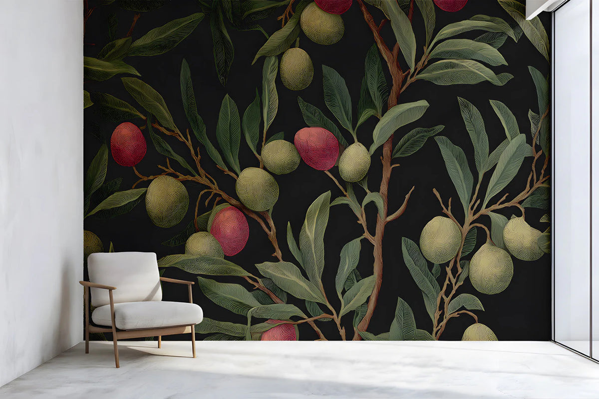 Olive Grove Botanical Mural Wallpaper in Dark Moody Tones Mural Wallpaper - room preview 02