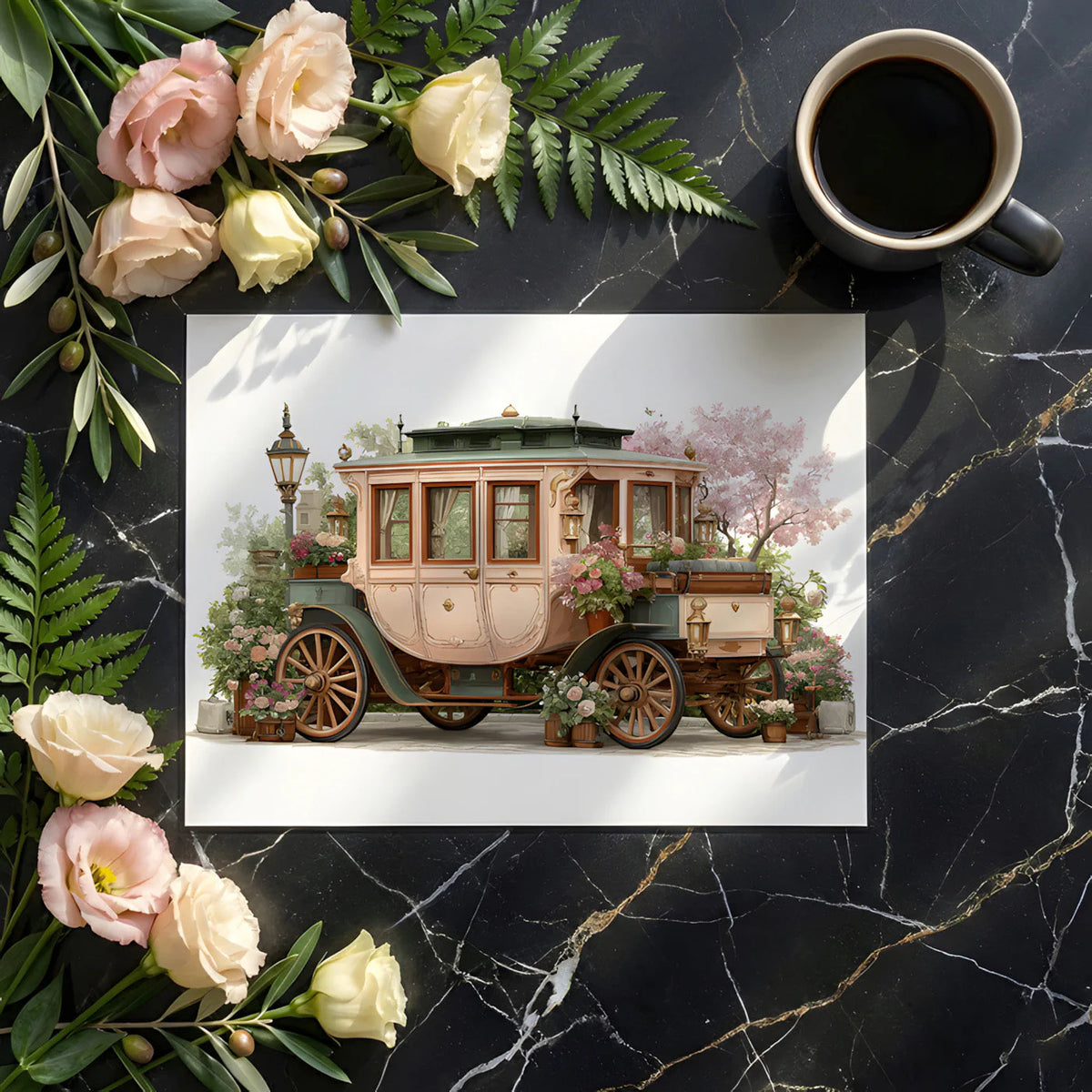 Vintage Carriage Floral Mural Wallpaper — Whimsical Garden Scene Mural Wallpaper - room preview 02