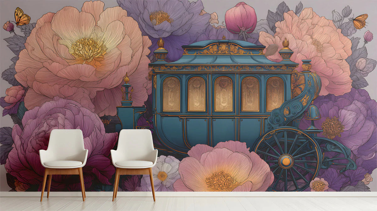 Royal Carriage Floral Mural Wallpaper — Whimsical Fantasy Design Mural Wallpaper - room preview 02