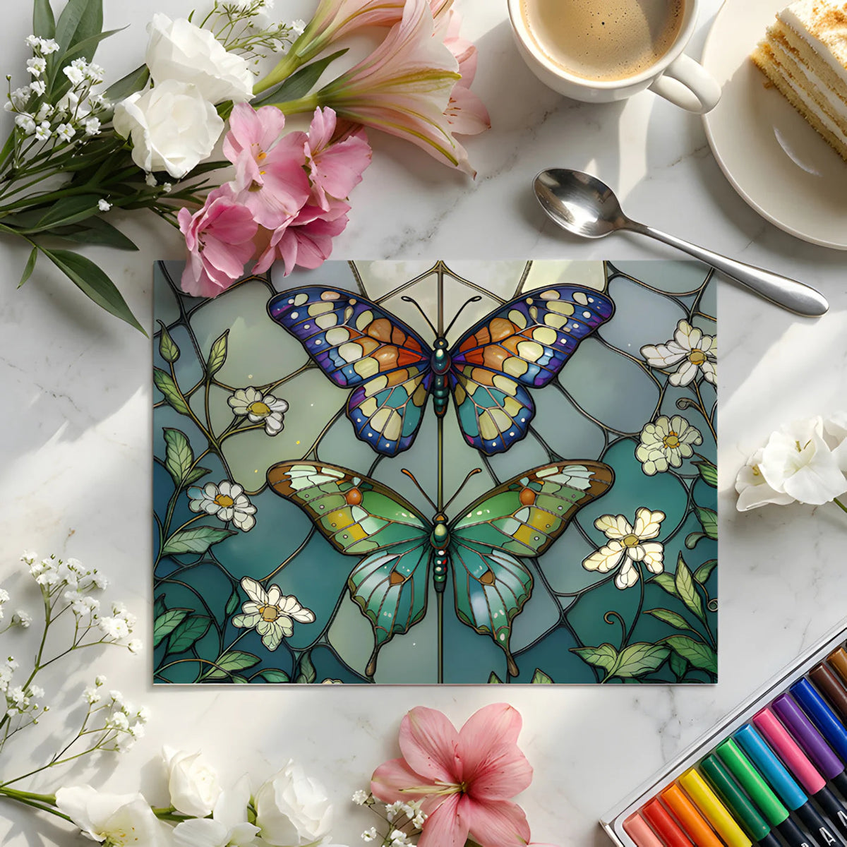 Stained Glass Butterfly Mural Wallpaper — Artistic Floral Decor Mural Wallpaper - room preview 02