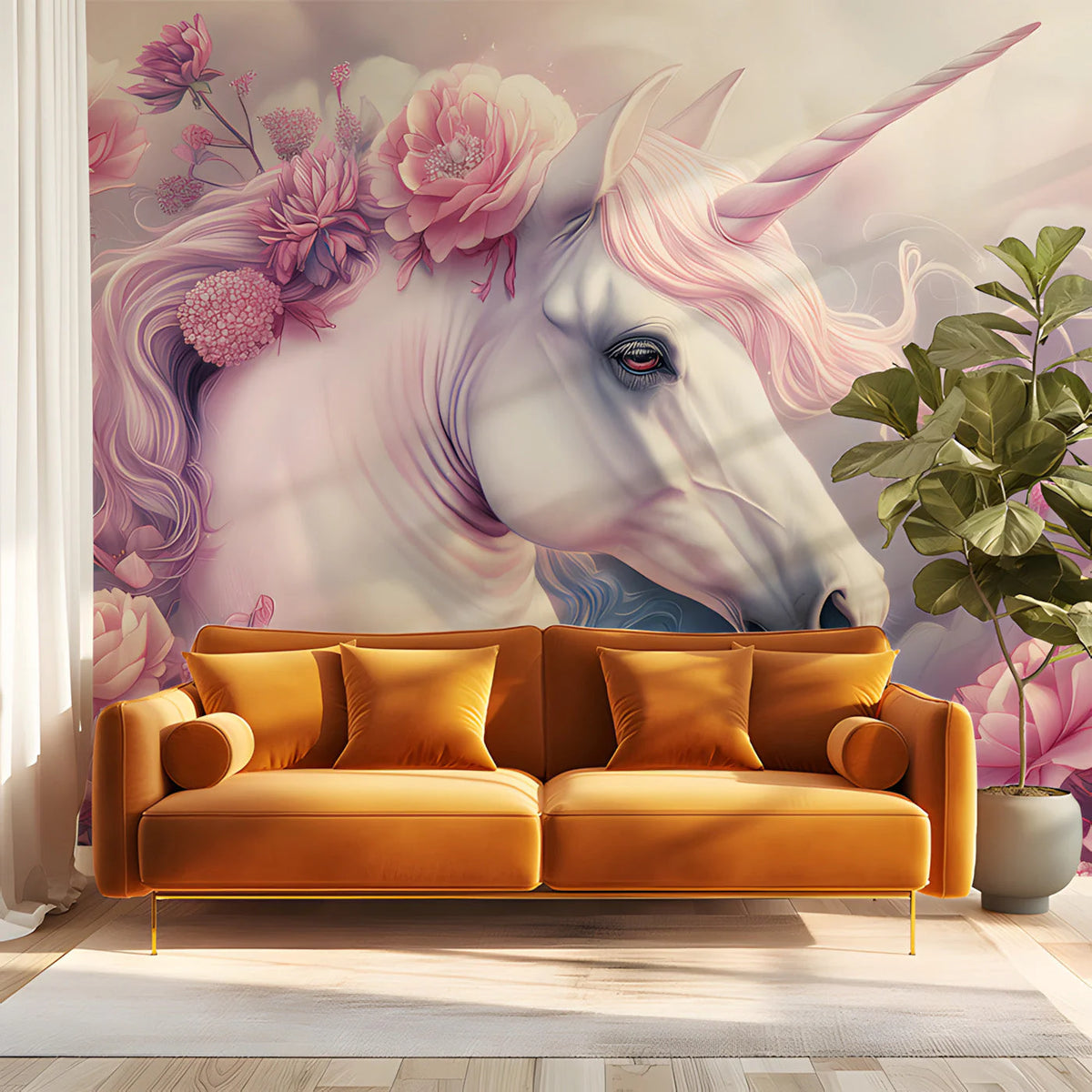 Unicorn Floral Fantasy Mural Wallpaper — Dreamy Pastel Wall Art Mural Wallpaper - room preview 02