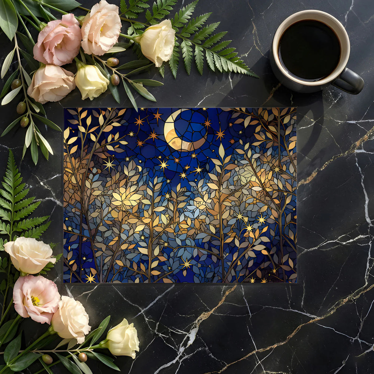Stained Glass Night Forest Mural Wallpaper with Golden Moon Mural Wallpaper - room preview 02