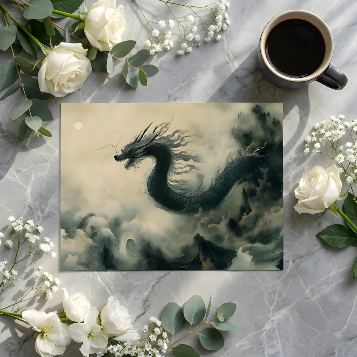 Ethereal Dragon Mural Wallpaper in Muted Ink Wash Tones Mural Wallpaper - room preview 02