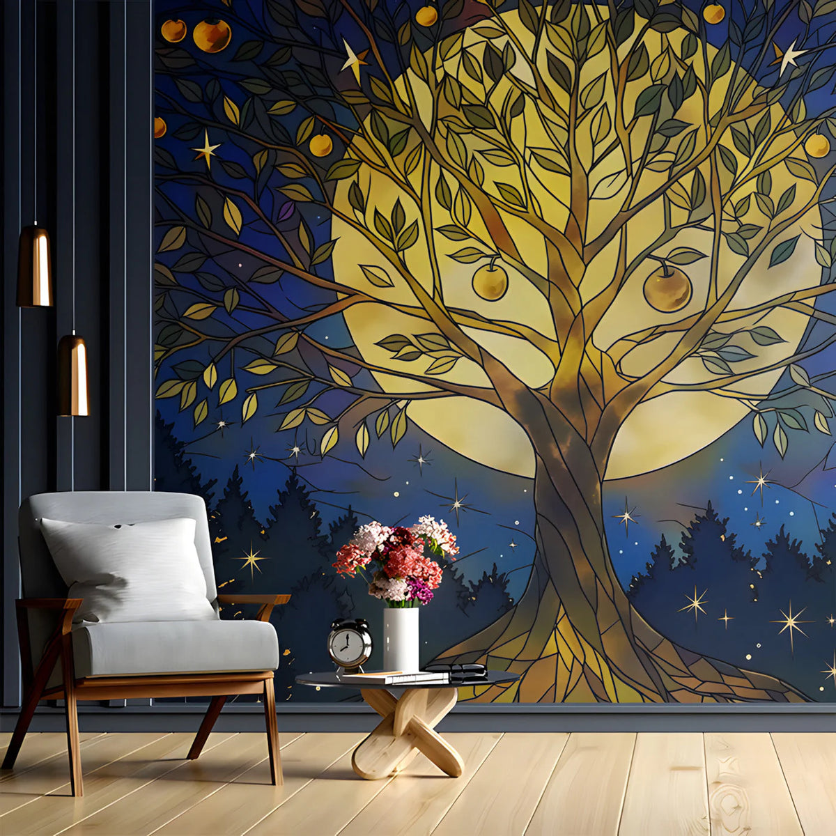 Stained Glass Moonlit Tree Mural Wallpaper — Celestial Art Mural Wallpaper - room preview 02