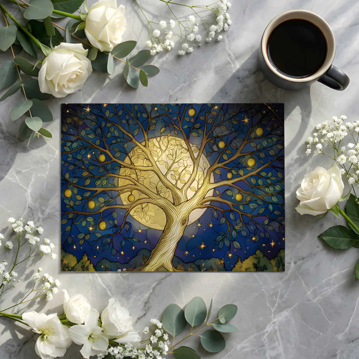 Celestial Fruit Tree Mural Wallpaper in Midnight Blue and Gold Mural Wallpaper - room preview 02