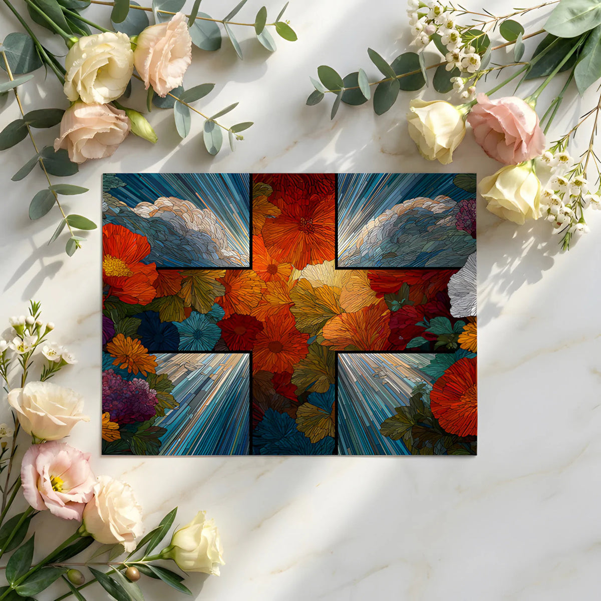 Stained Glass Floral Mural Wallpaper — Artistic Botanical Design Mural Wallpaper - room preview 02