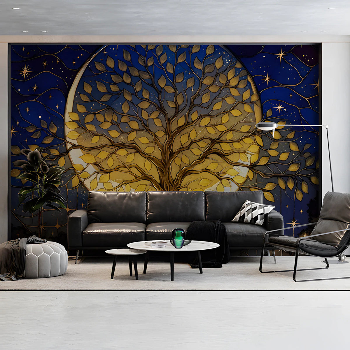 Celestial Gold Tree Mural Wallpaper with Midnight Blue Backdrop Mural Wallpaper - room preview 02