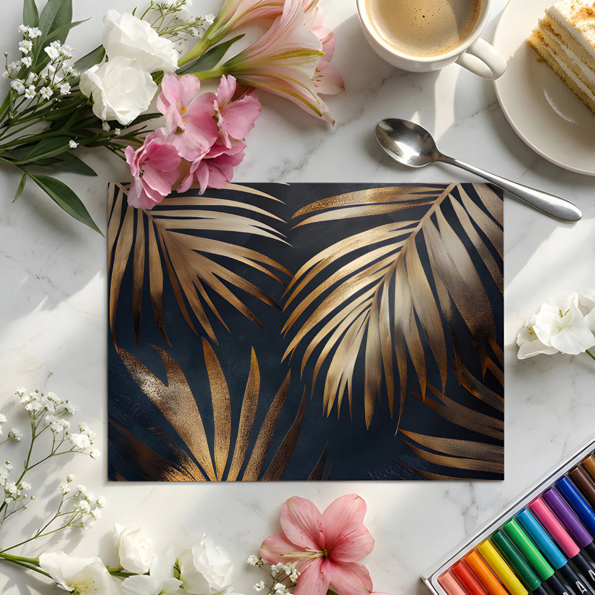 Gilded Palm Leaf Mural Wallpaper — Moody Tropical Luxury Mural Wallpaper - room preview 02