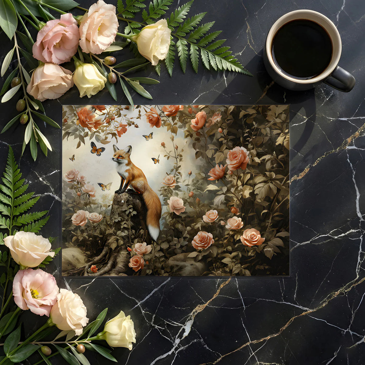 Fox and Wild Rose Garden Mural Wallpaper — Whimsical Floral Mural Wallpaper - room preview 02
