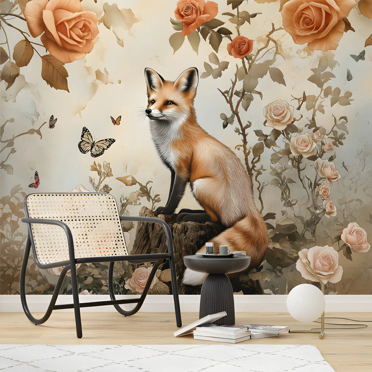 Fox and Wild Rose Garden Mural Wallpaper in Soft Amber Mural Wallpaper - room preview 02