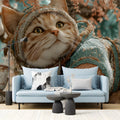 Cozy Knitted Kitten Mural Wallpaper in Soft Teal and Ginger Mural Wallpaper - room preview 02