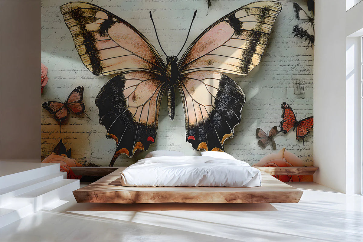Vintage Butterfly & Rose Script Mural Wallpaper - room preview 02