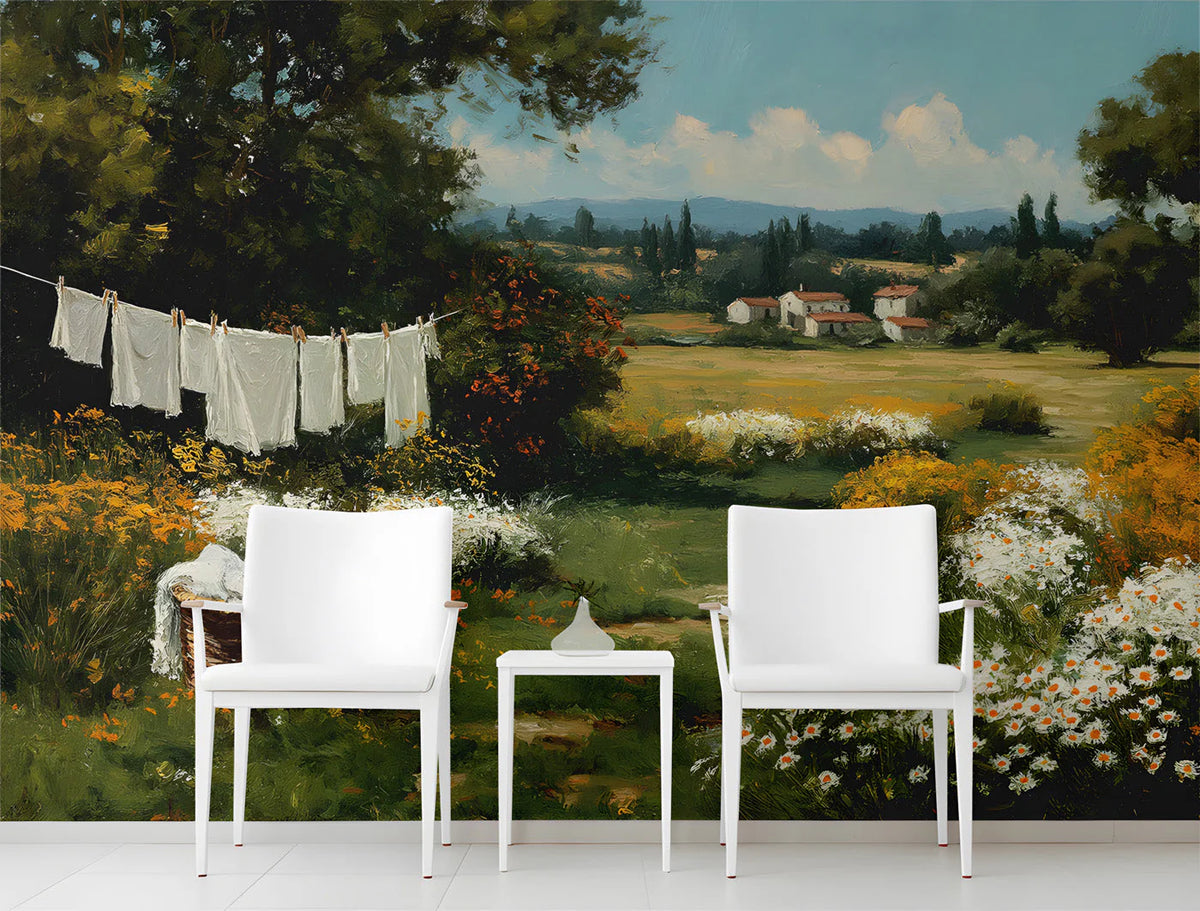 Sun-Drenched Countryside Oil Painting Mural Wallpaper - room preview 02