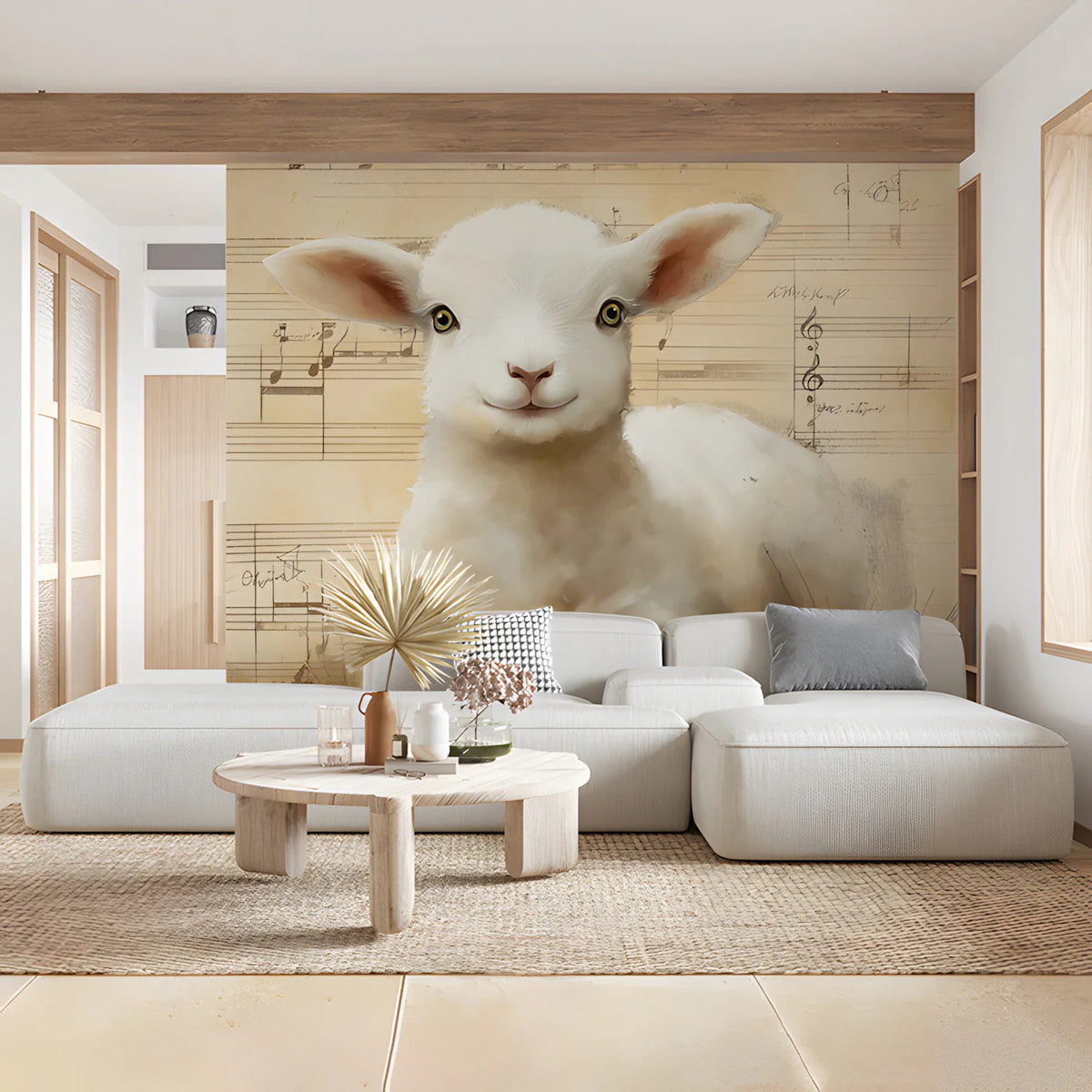 Vintage Lamb and Musical Notes Mural Wallpaper - room preview 02