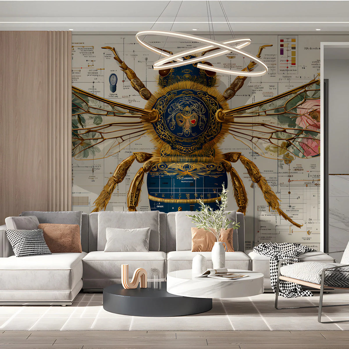 Botanical Bee Blueprint Mural Wallpaper — Vintage Scientific Study Mural Wallpaper - room preview 02