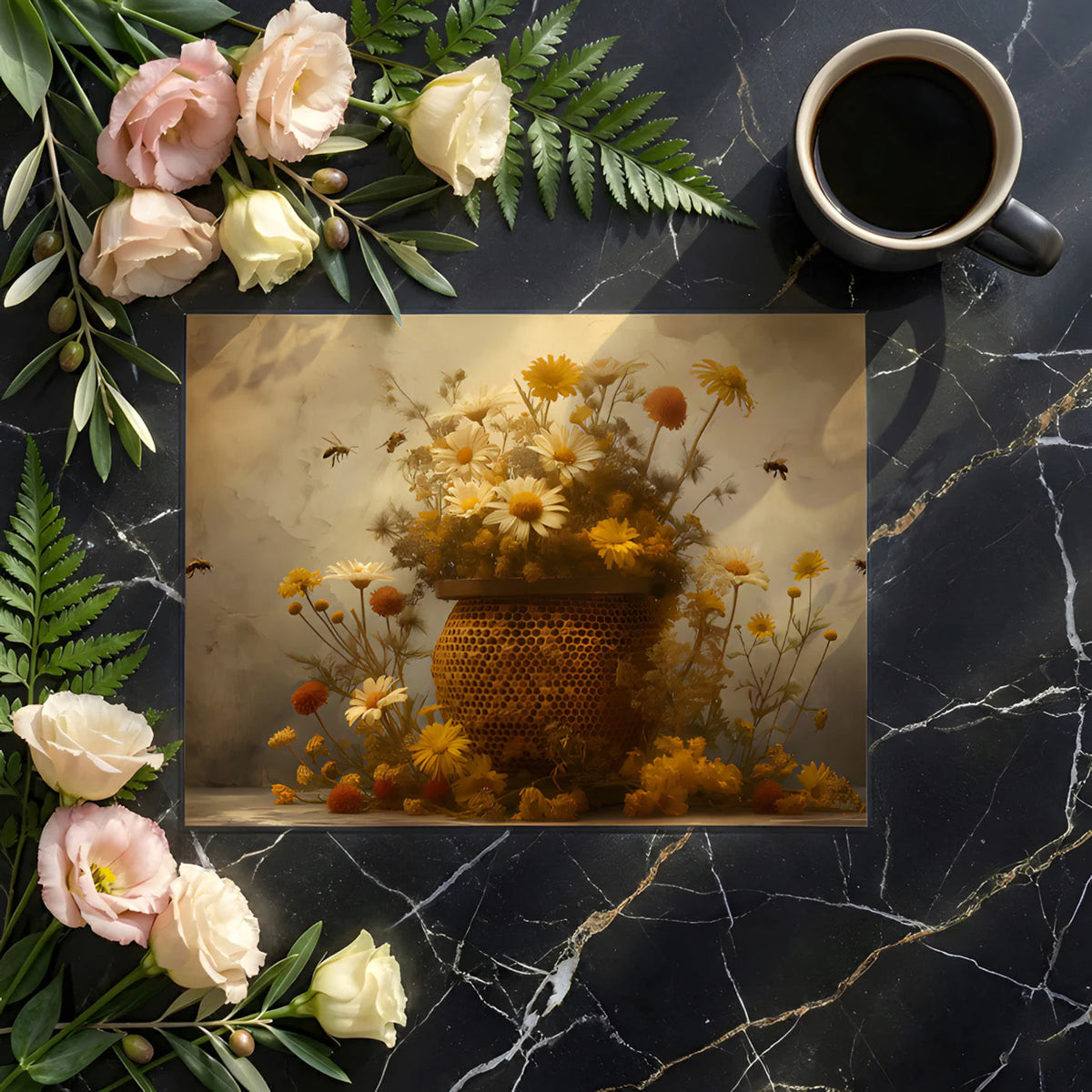 Honeybee Floral Mural Wallpaper with Ochre and Sepia Tones Mural Wallpaper - room preview 02