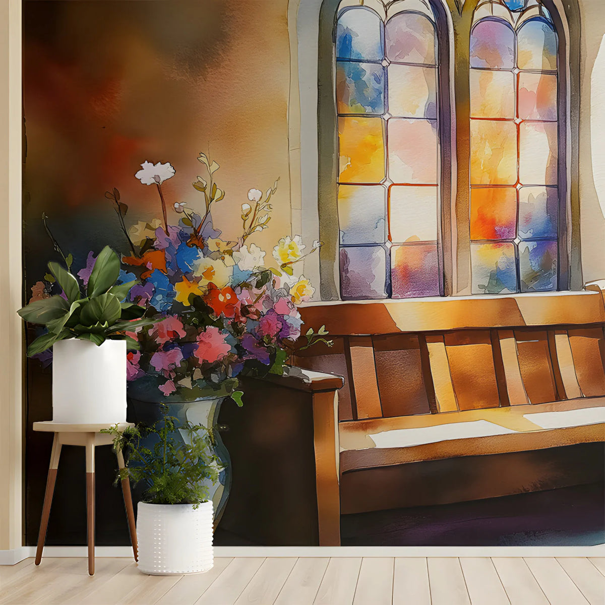 Stained Glass Floral Watercolor Mural Wallpaper - room preview 02