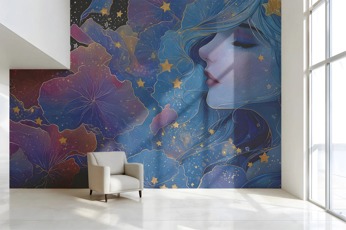 Celestial Dreamer Mural Wallpaper in Ethereal Blue and Gold Mural Wallpaper - room preview 02
