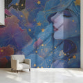 Celestial Dreamer Mural Wallpaper in Ethereal Blue and Gold Mural Wallpaper - room preview 02