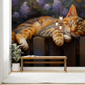 Sleeping Tabby Cat Floral Mural Wallpaper —Oil Painting Style Mural Wallpaper - room preview 02